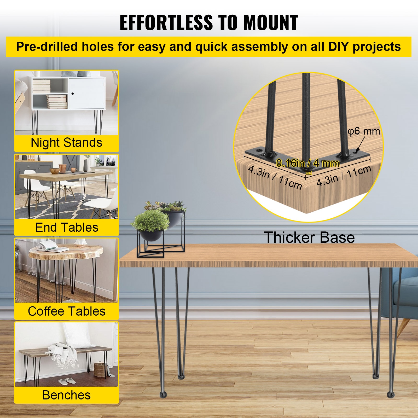 Hairpin Table Legs 20" Black Set Of 4 Desk Legs 880lbs Load Capacity (Each 220lbs) Hairpin Desk Legs 3 Rods For Bench Desk Dining End Table Chairs Carbon Steel DIY Heavy Duty Furniture Legs_maomaolike.com